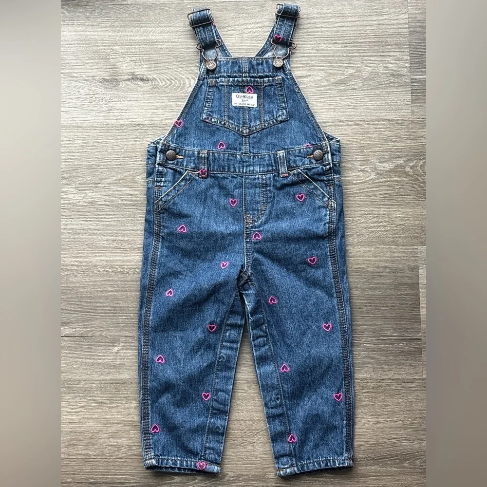 Valentine’s Day Girls Denim Overalls with Embroidered Pink Heart Accents 18 Mon